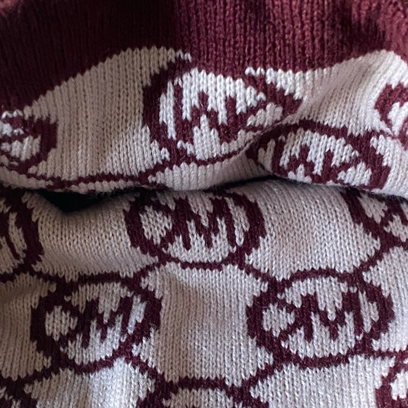 Michael Kors Rib Knit Beanie All-Over MK Print Burgundy White One Size NWT - Picture 6 of 11